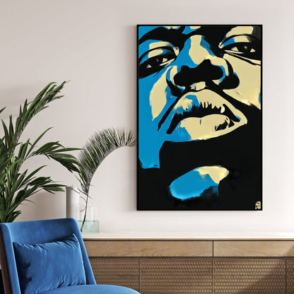 abstract biggie smalls stencil style portrait in blue black and cream