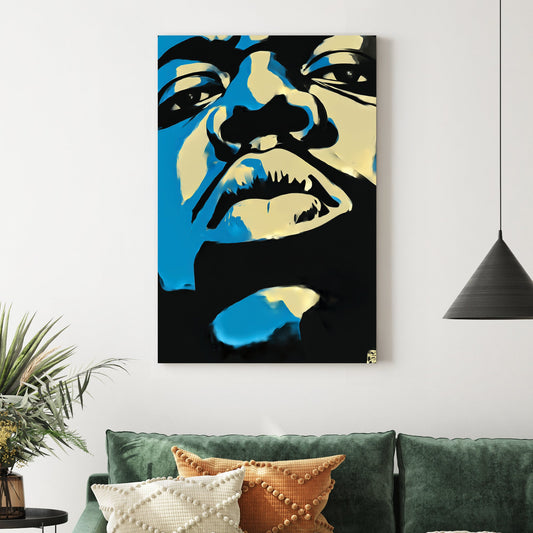 abstract biggie smalls stencil style portrait in blue black and cream