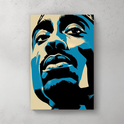 abstract tupac shakur portrait in pop art stencil style blue black and cream tones