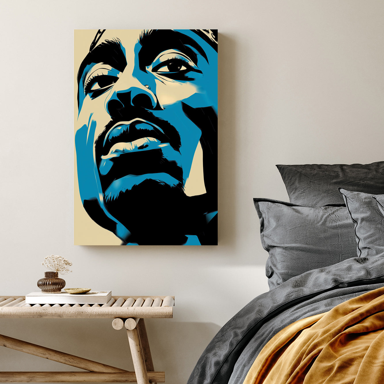 abstract tupac shakur portrait in pop art stencil style blue black and cream tones