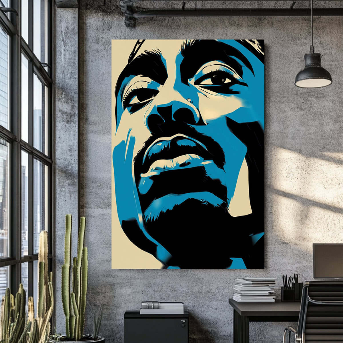 abstract tupac shakur portrait in pop art stencil style blue black and cream tones
