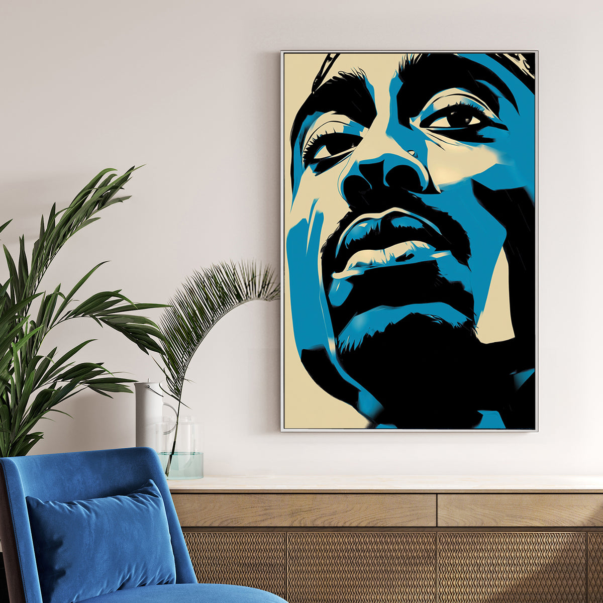 abstract tupac shakur portrait in pop art stencil style blue black and cream tones