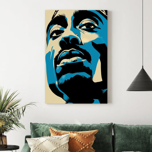 abstract tupac shakur portrait in pop art stencil style blue black and cream tones