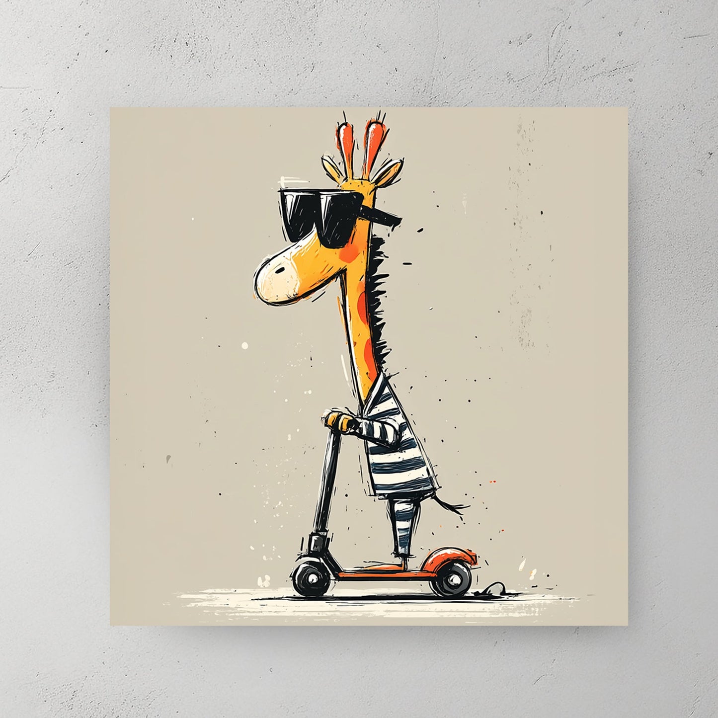 funny cartoon giraffe riding a red scooter wearing sunglasses and striped shirt