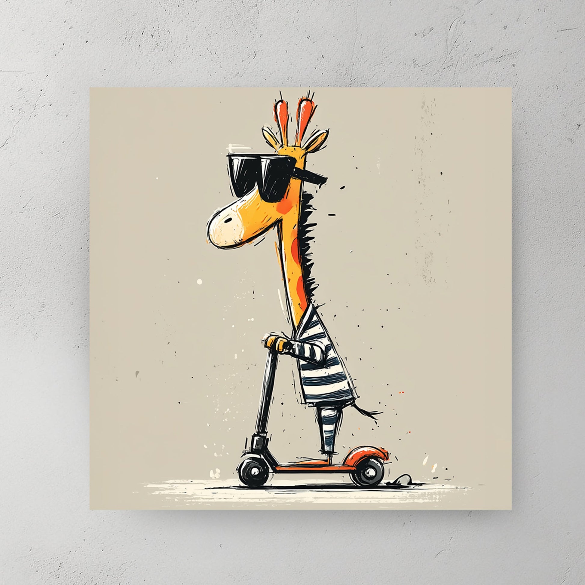 funny cartoon giraffe riding a red scooter wearing sunglasses and striped shirt