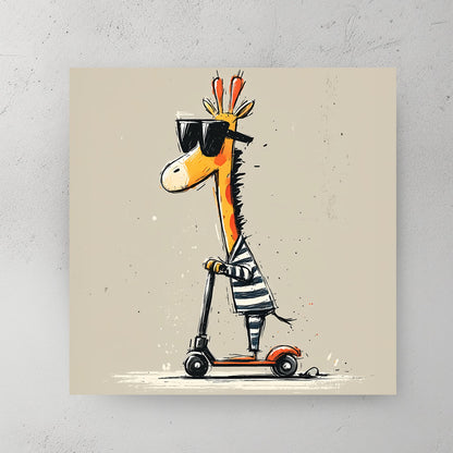funny cartoon giraffe riding a red scooter wearing sunglasses and striped shirt