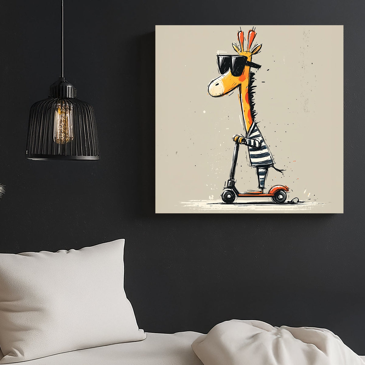funny cartoon giraffe riding a red scooter wearing sunglasses and striped shirt