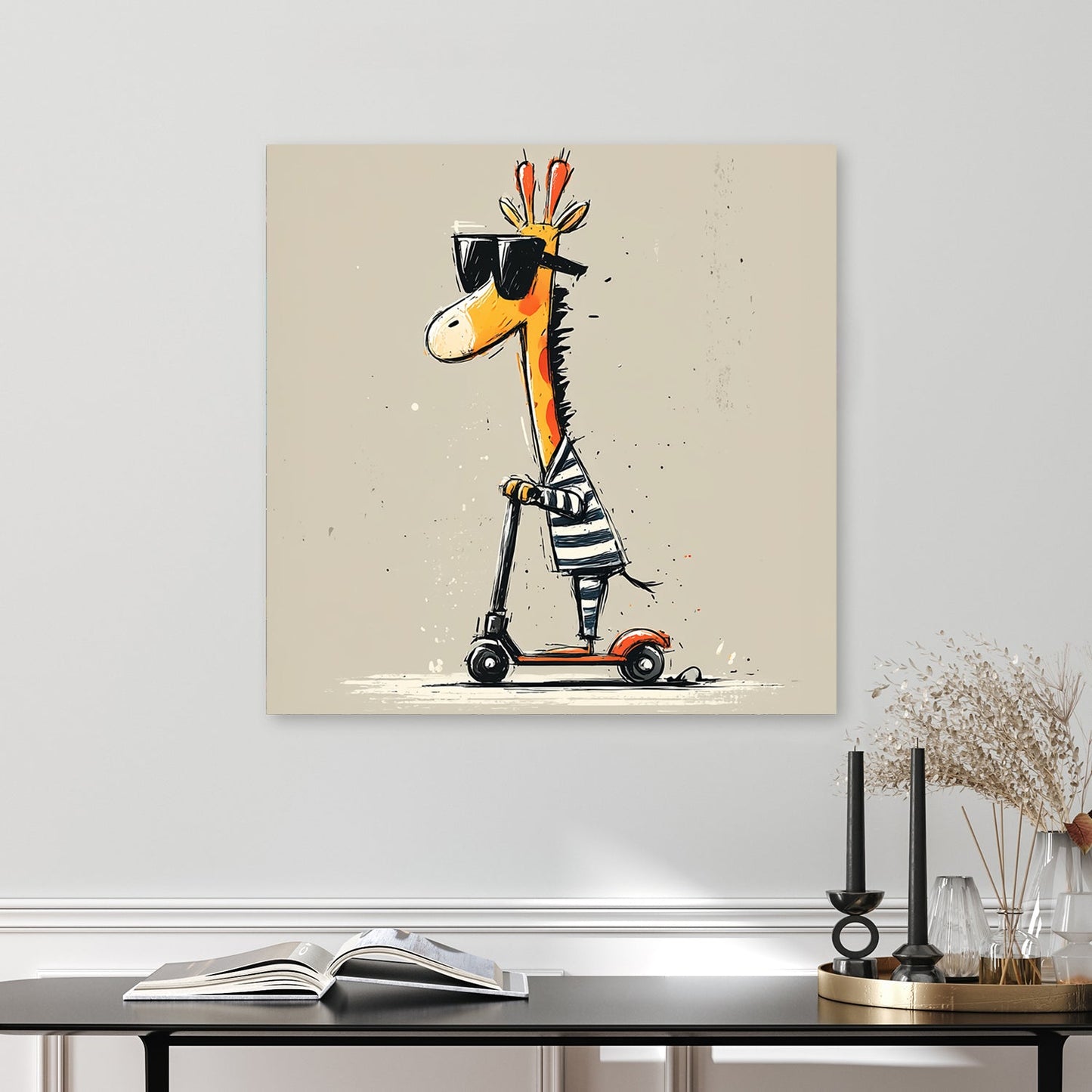 funny cartoon giraffe riding a red scooter wearing sunglasses and striped shirt
