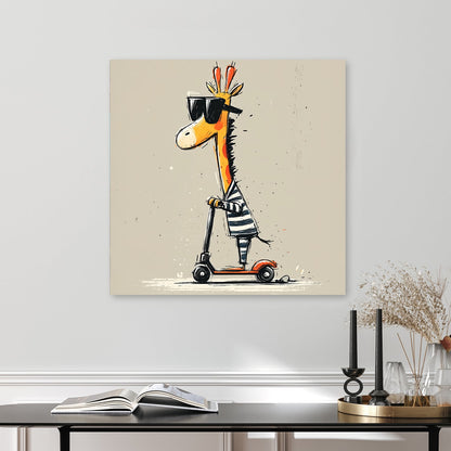 funny cartoon giraffe riding a red scooter wearing sunglasses and striped shirt