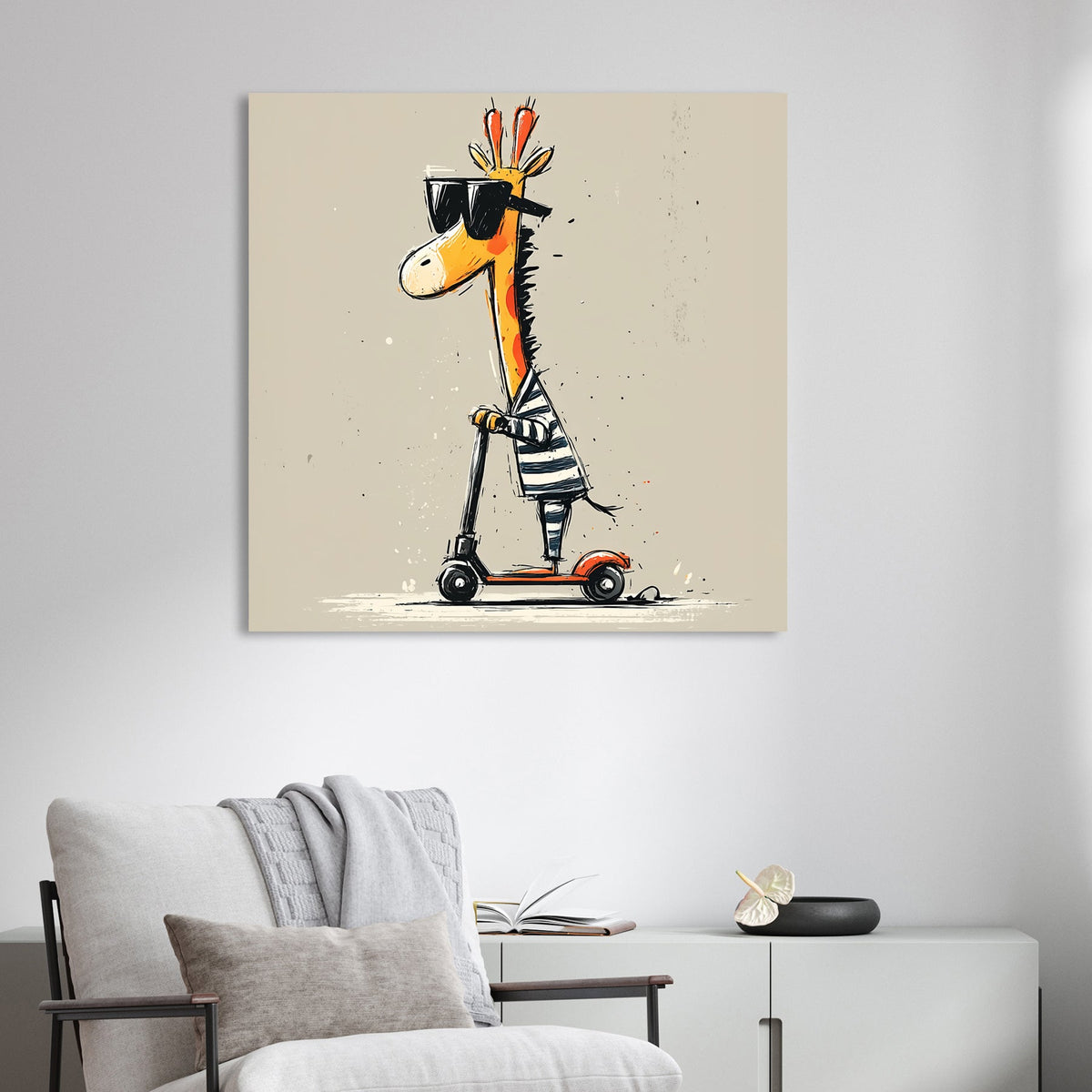 funny cartoon giraffe riding a red scooter wearing sunglasses and striped shirt