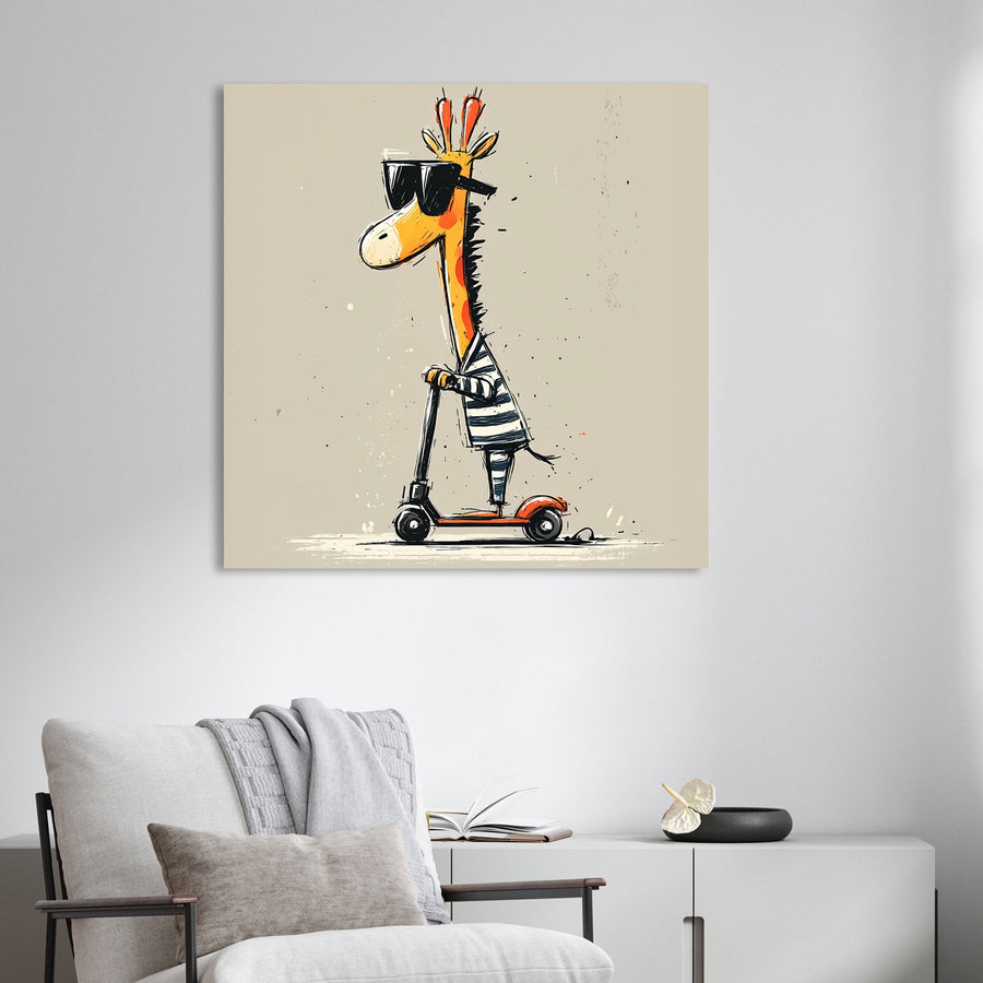 funny cartoon giraffe riding a red scooter wearing sunglasses and striped shirt
