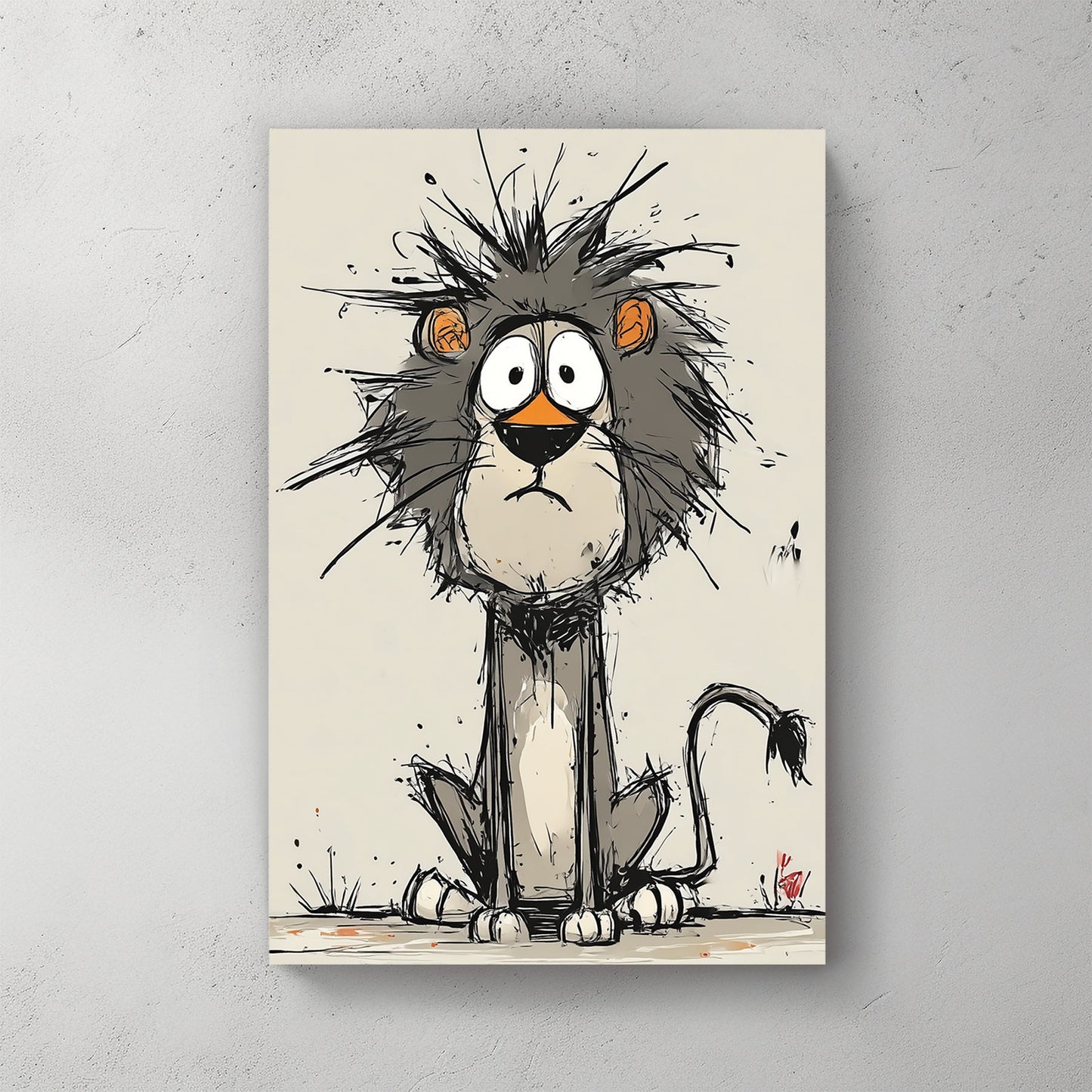funny cartoon lion with messy mane and wide eyes on beige background
