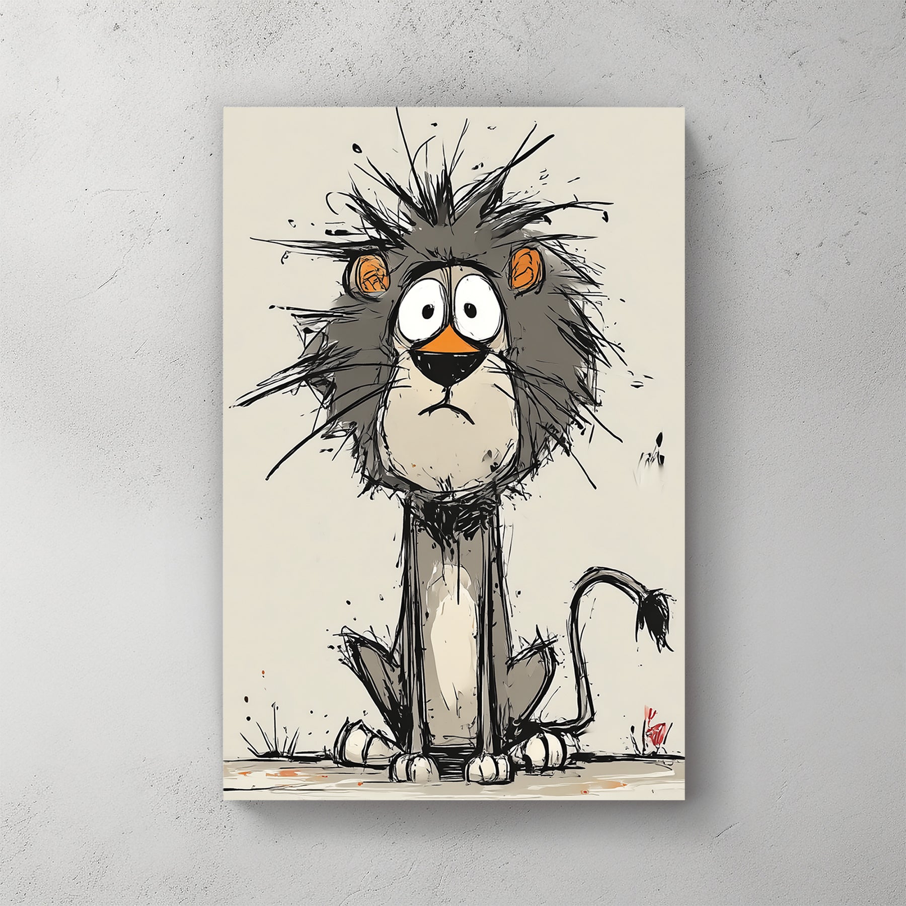 funny cartoon lion with messy mane and wide eyes on beige background