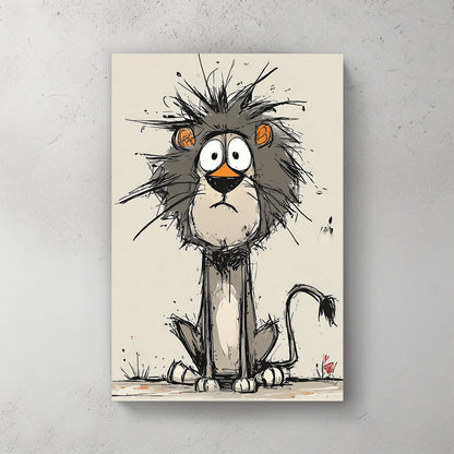 funny cartoon lion with messy mane and wide eyes on beige background