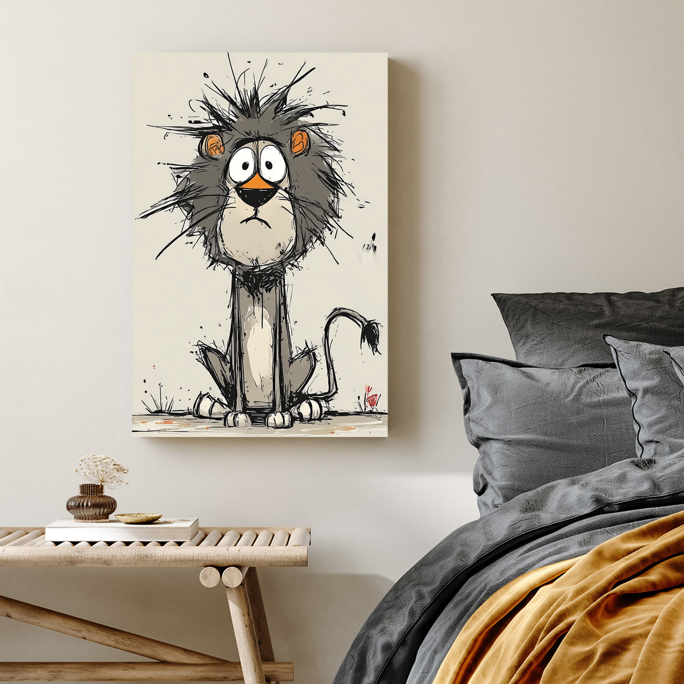 funny cartoon lion with messy mane and wide eyes on beige background