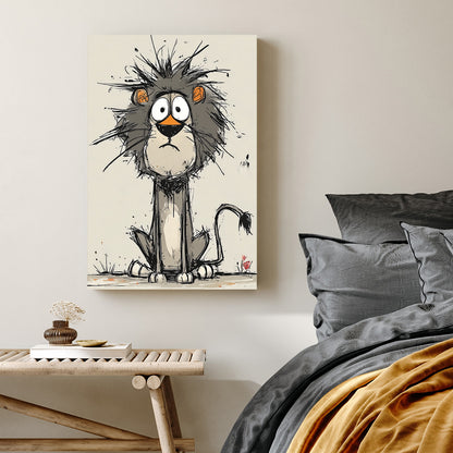 funny cartoon lion with messy mane and wide eyes on beige background