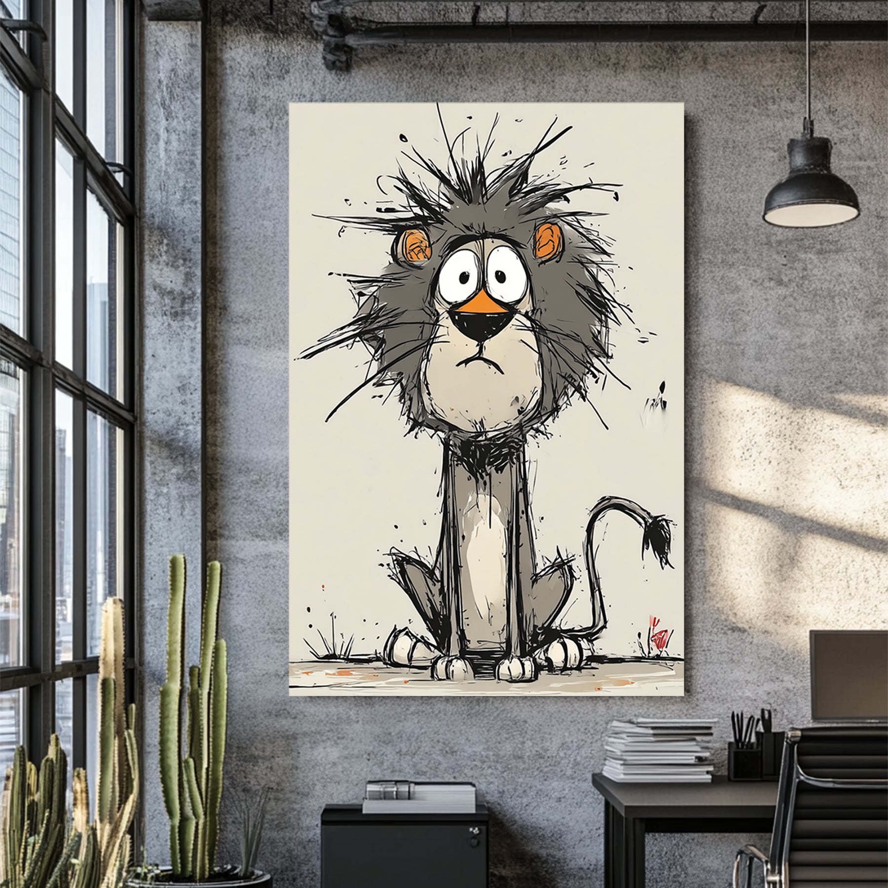 funny cartoon lion with messy mane and wide eyes on beige background