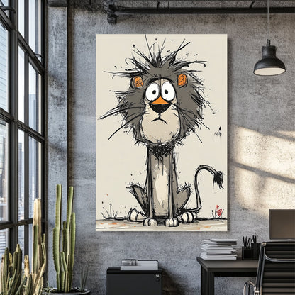 funny cartoon lion with messy mane and wide eyes on beige background