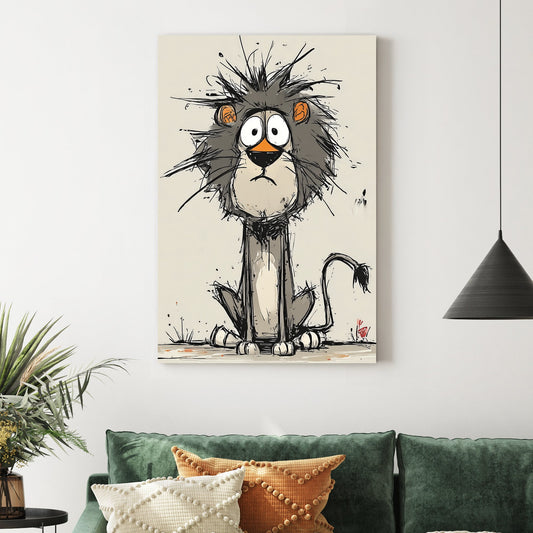 funny cartoon lion with messy mane and wide eyes on beige background