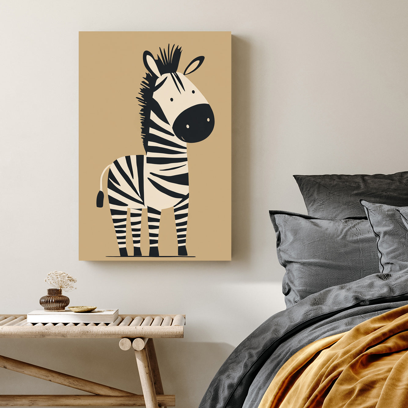 cute cartoon zebra in black and white on tan background