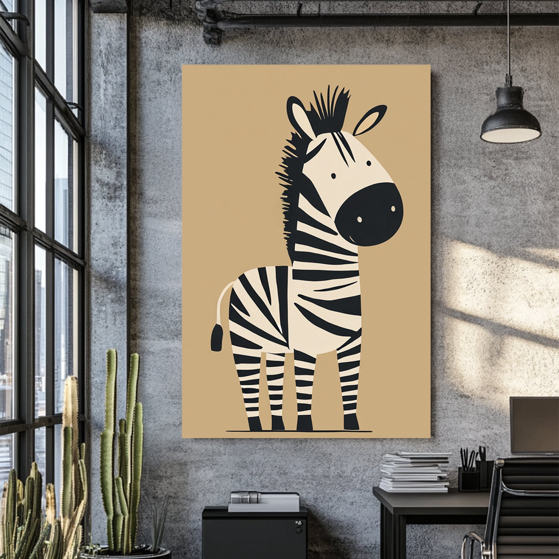 cute cartoon zebra in black and white on tan background