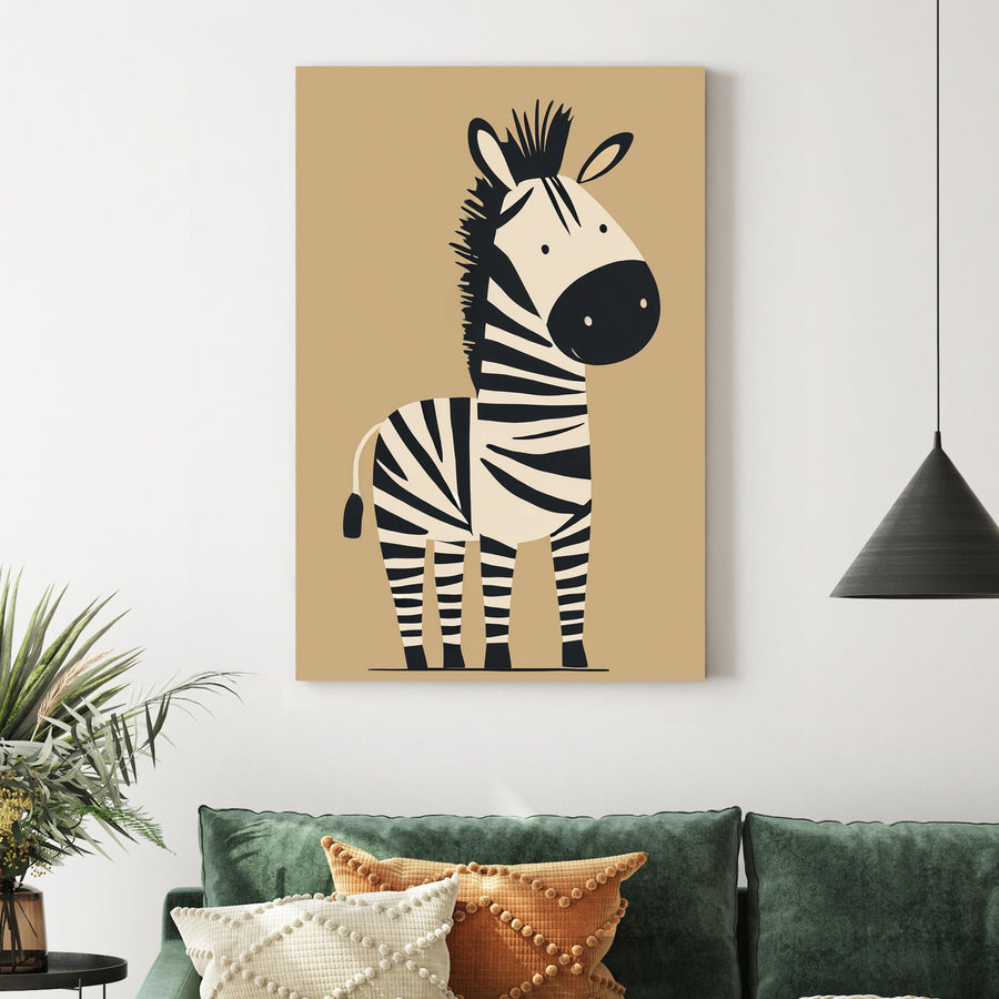cute cartoon zebra in black and white on tan background