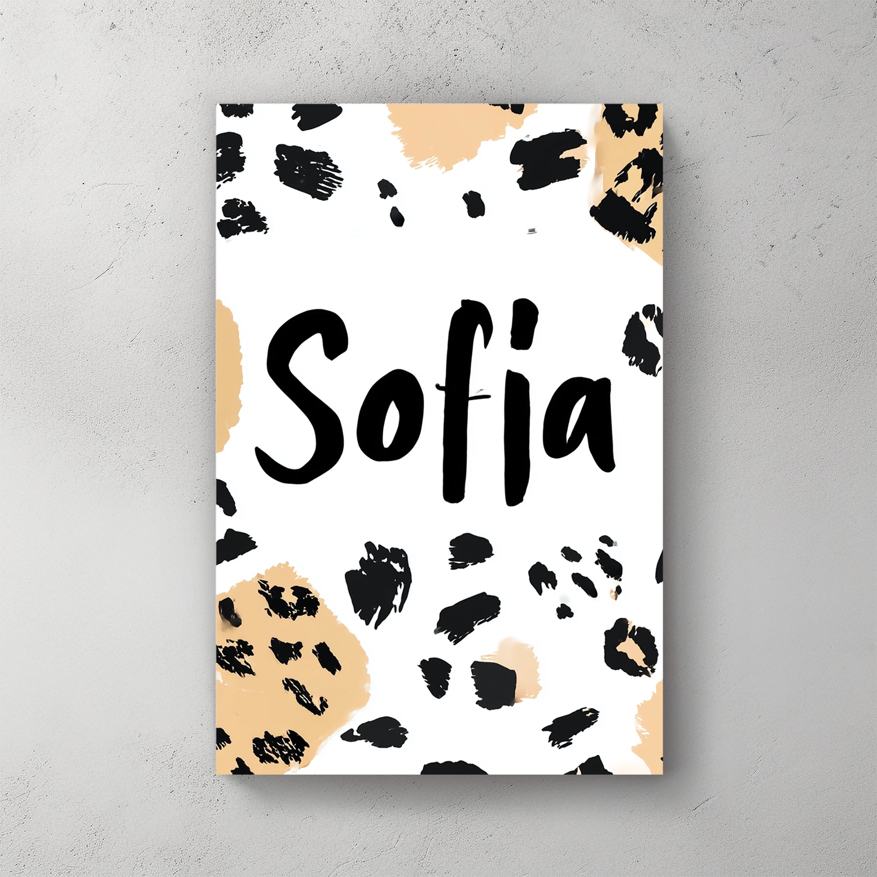 custom name art with leopard print background and “Sofia” in bold black font