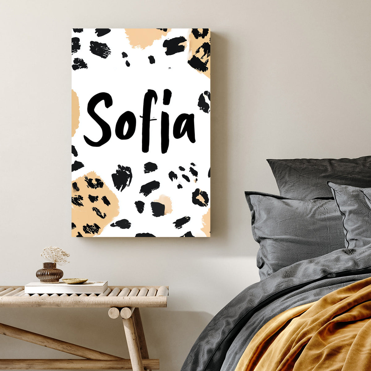 custom name art with leopard print background and “Sofia” in bold black font