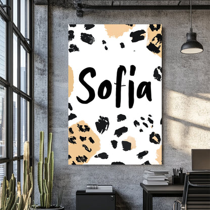 custom name art with leopard print background and “Sofia” in bold black font