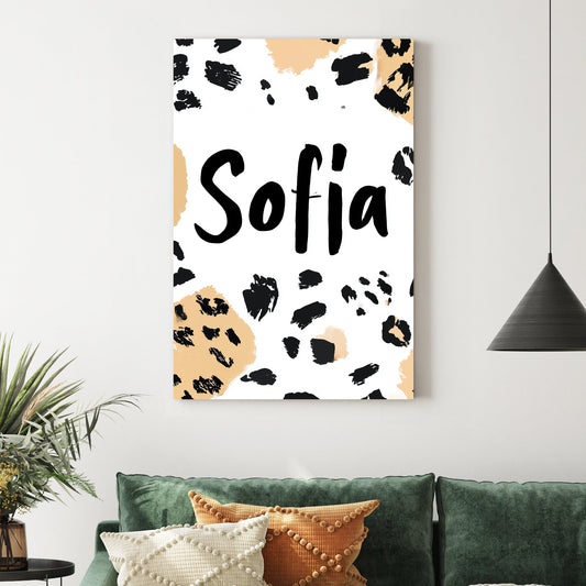 custom name art with leopard print background and “Sofia” in bold black font