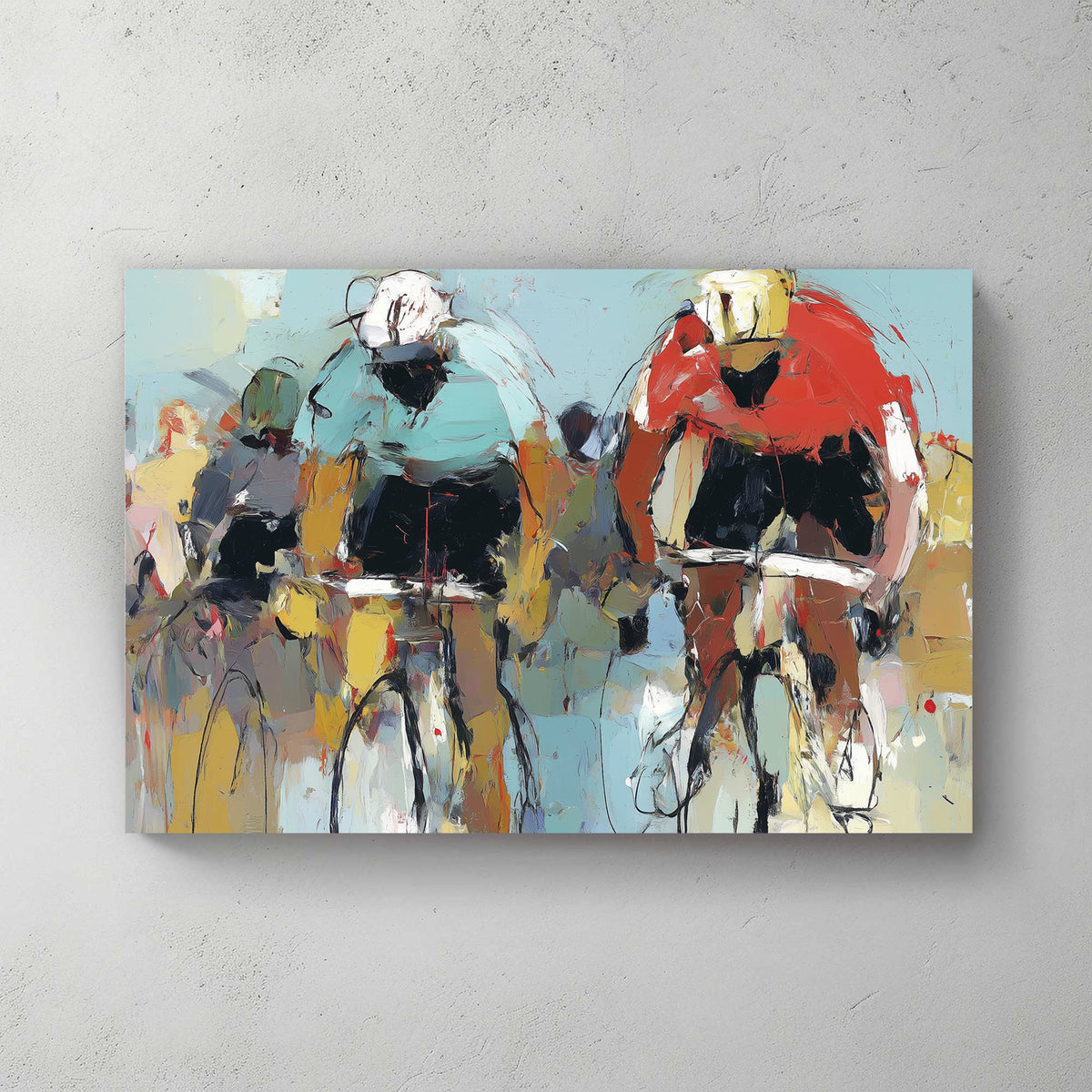 abstract painting of cyclists racing with bold brushstrokes in red and teal jerseys