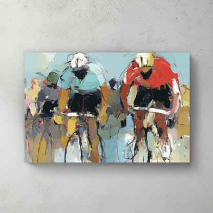 abstract painting of cyclists racing with bold brushstrokes in red and teal jerseys