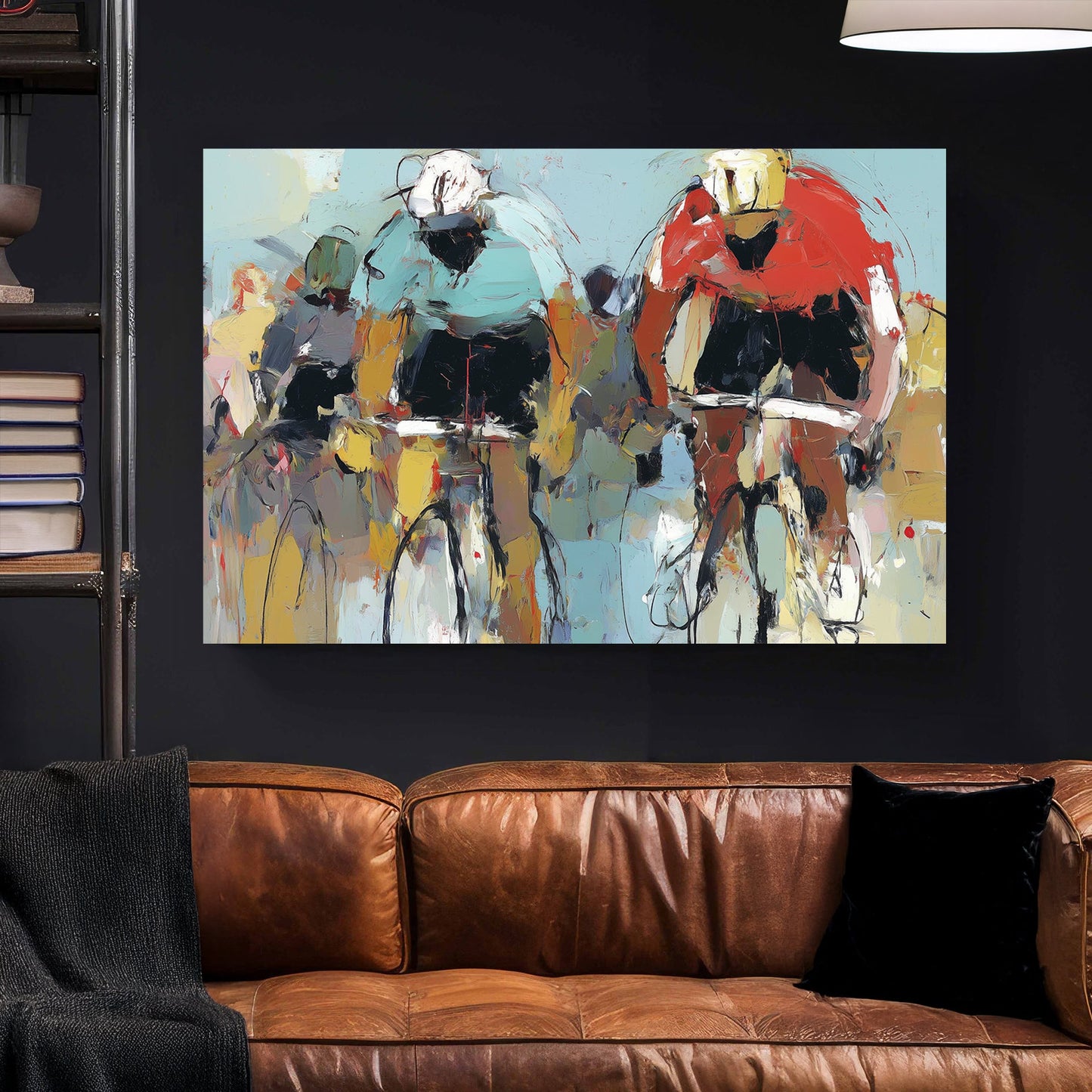 abstract painting of cyclists racing with bold brushstrokes in red and teal jerseys