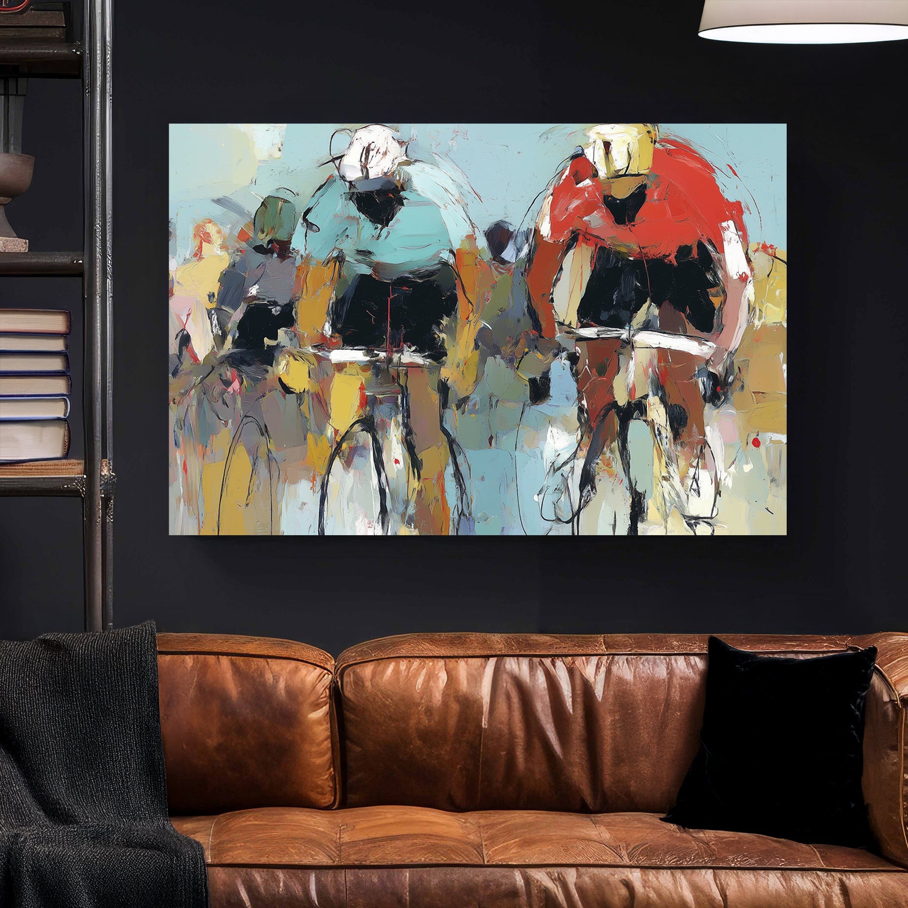 abstract painting of cyclists racing with bold brushstrokes in red and teal jerseys