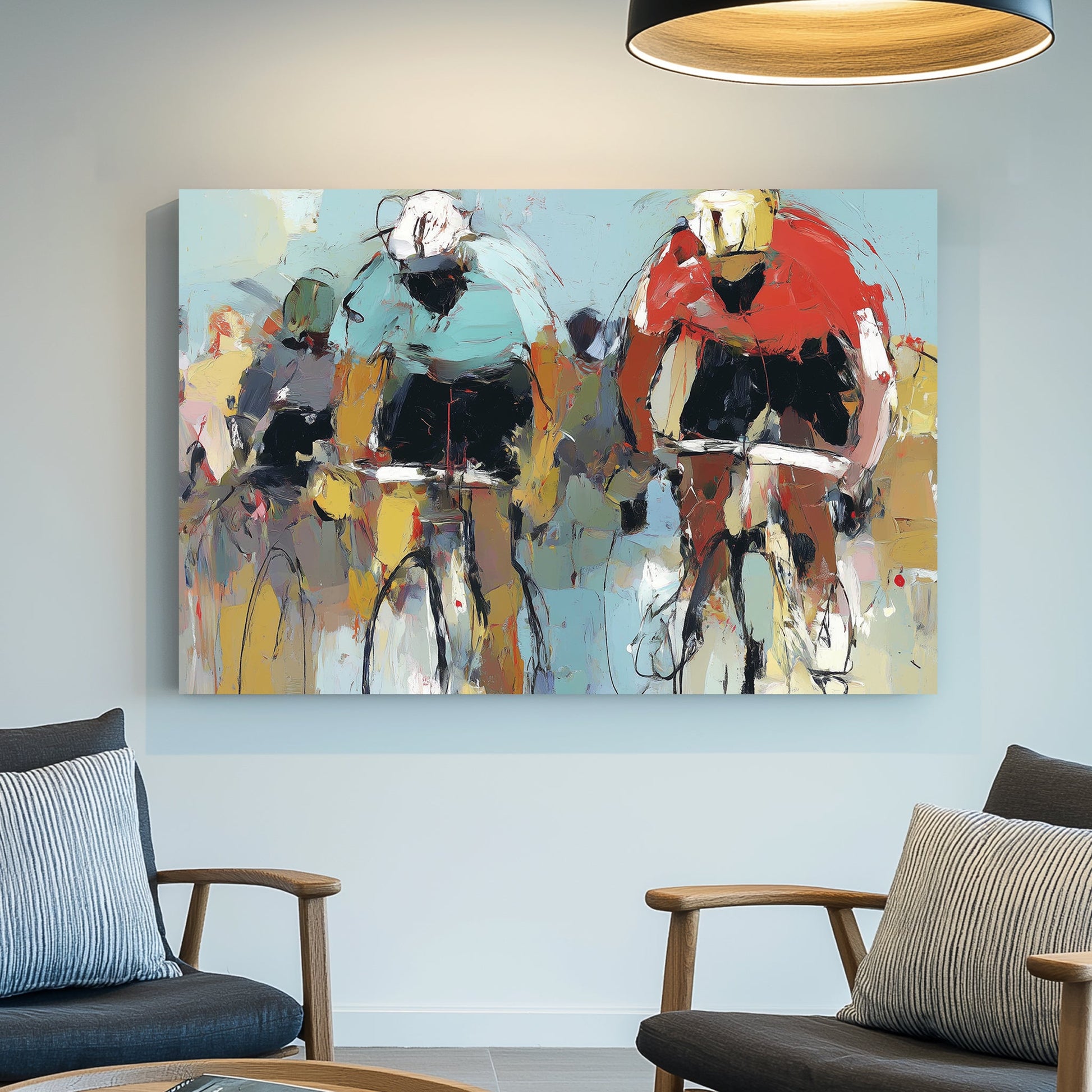abstract painting of cyclists racing with bold brushstrokes in red and teal jerseys