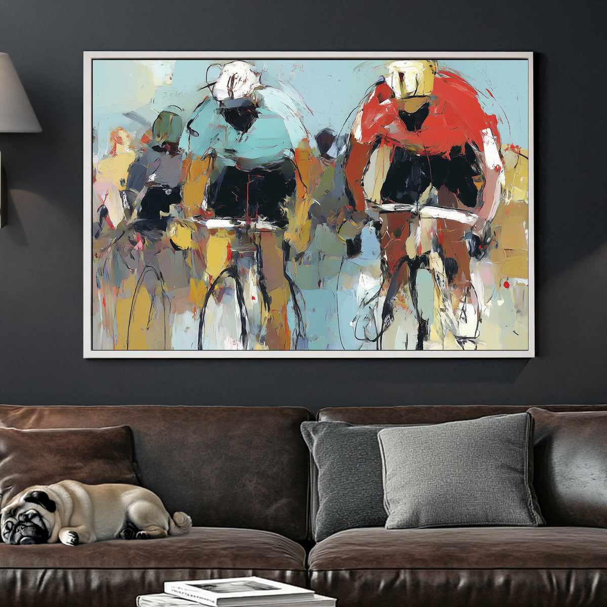 abstract painting of cyclists racing with bold brushstrokes in red and teal jerseys
