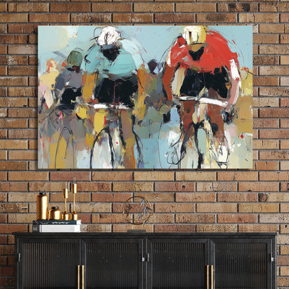 abstract painting of cyclists racing with bold brushstrokes in red and teal jerseys