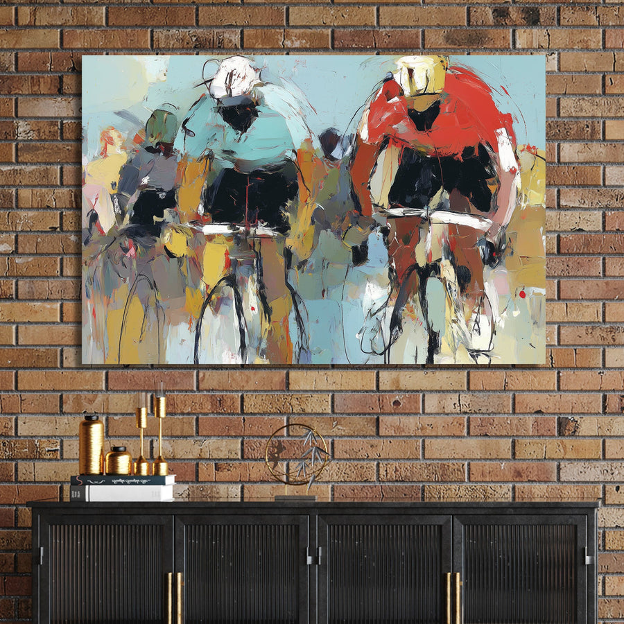abstract painting of cyclists racing with bold brushstrokes in red and teal jerseys