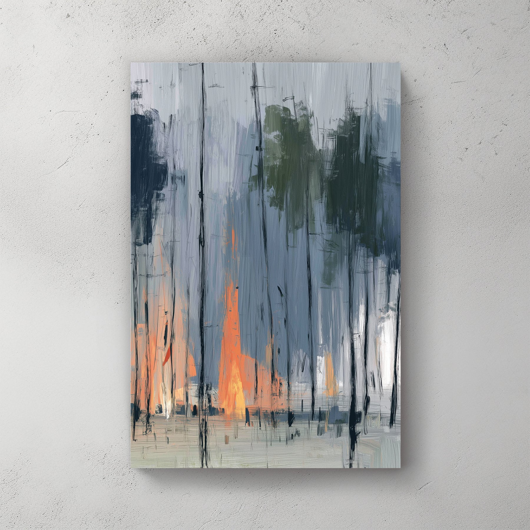 abstract painting of a forest with smoky blue trees and vibrant orange