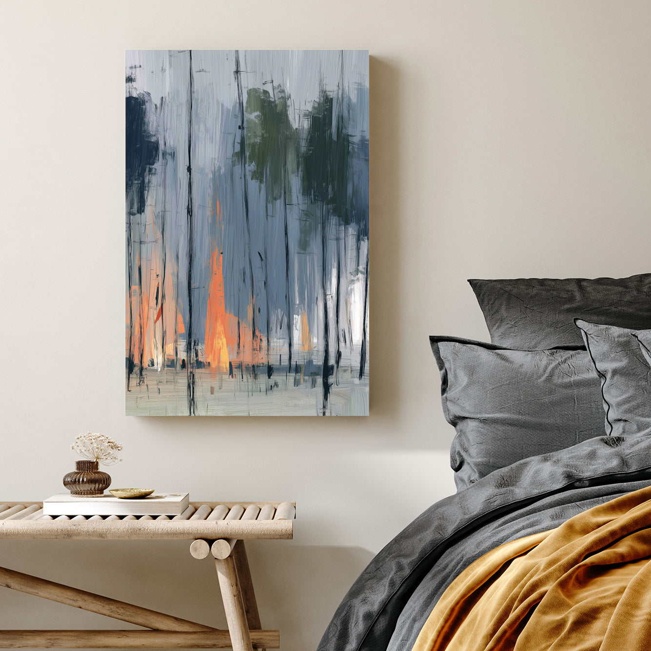 abstract painting of a forest with smoky blue trees and vibrant orange