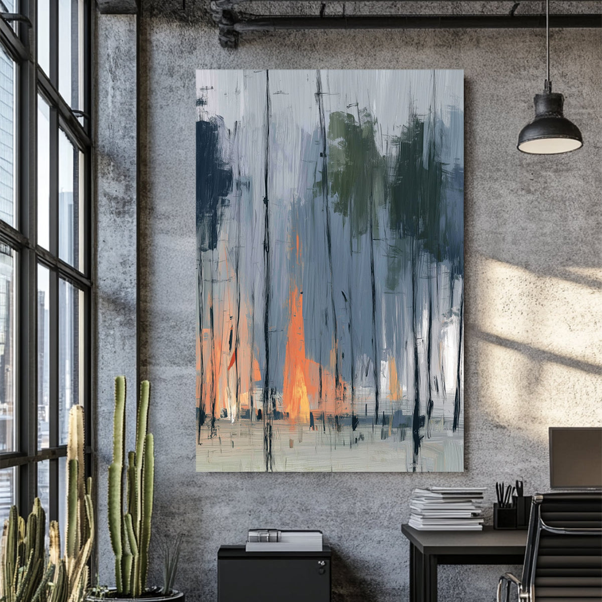 abstract painting of a forest with smoky blue trees and vibrant orange