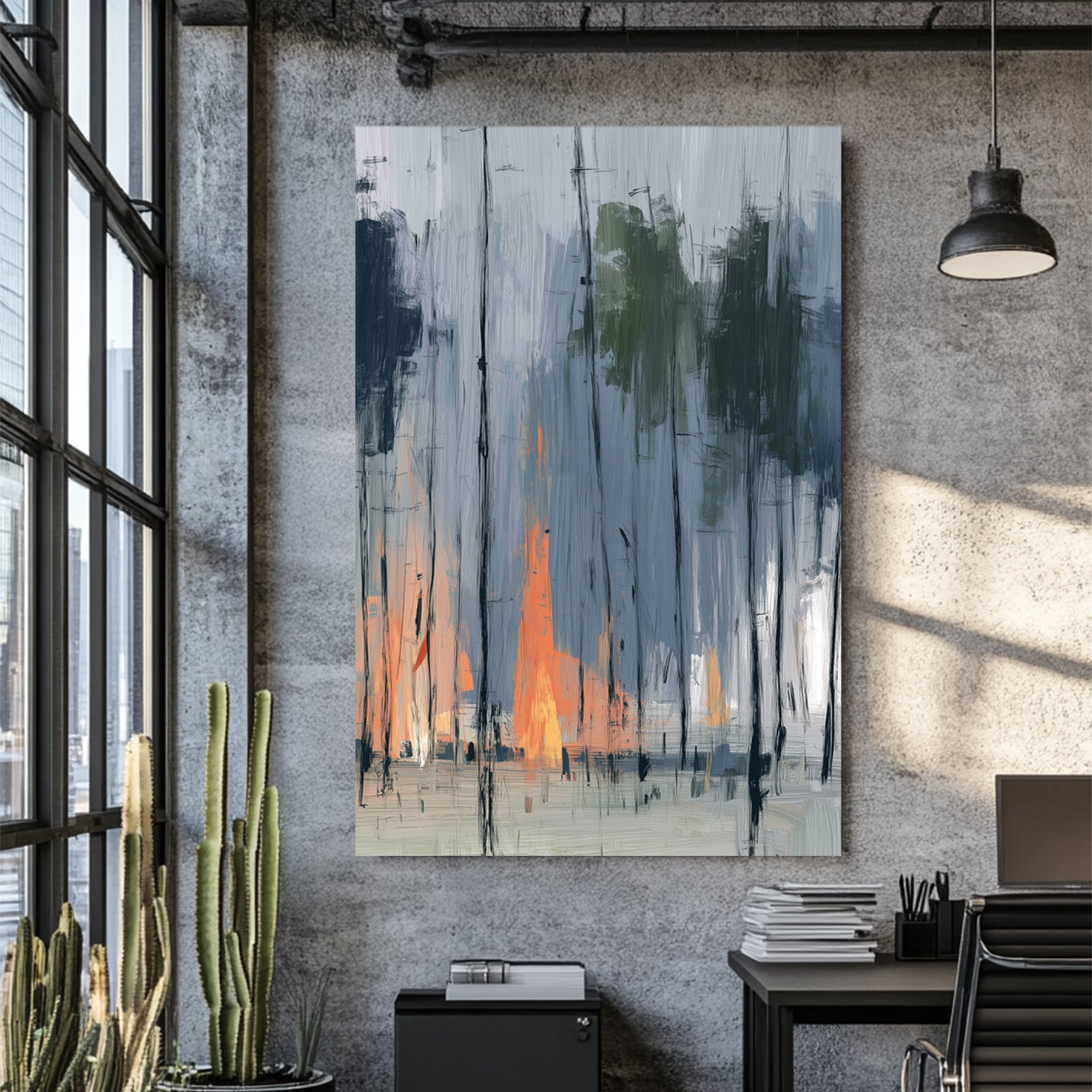 abstract painting of a forest with smoky blue trees and vibrant orange