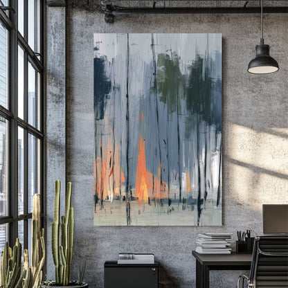 abstract painting of a forest with smoky blue trees and vibrant orange
