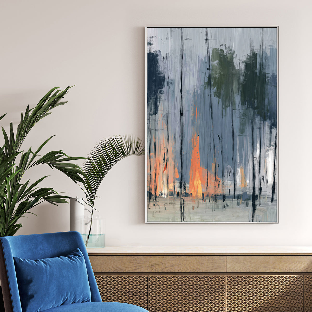 abstract painting of a forest with smoky blue trees and vibrant orange