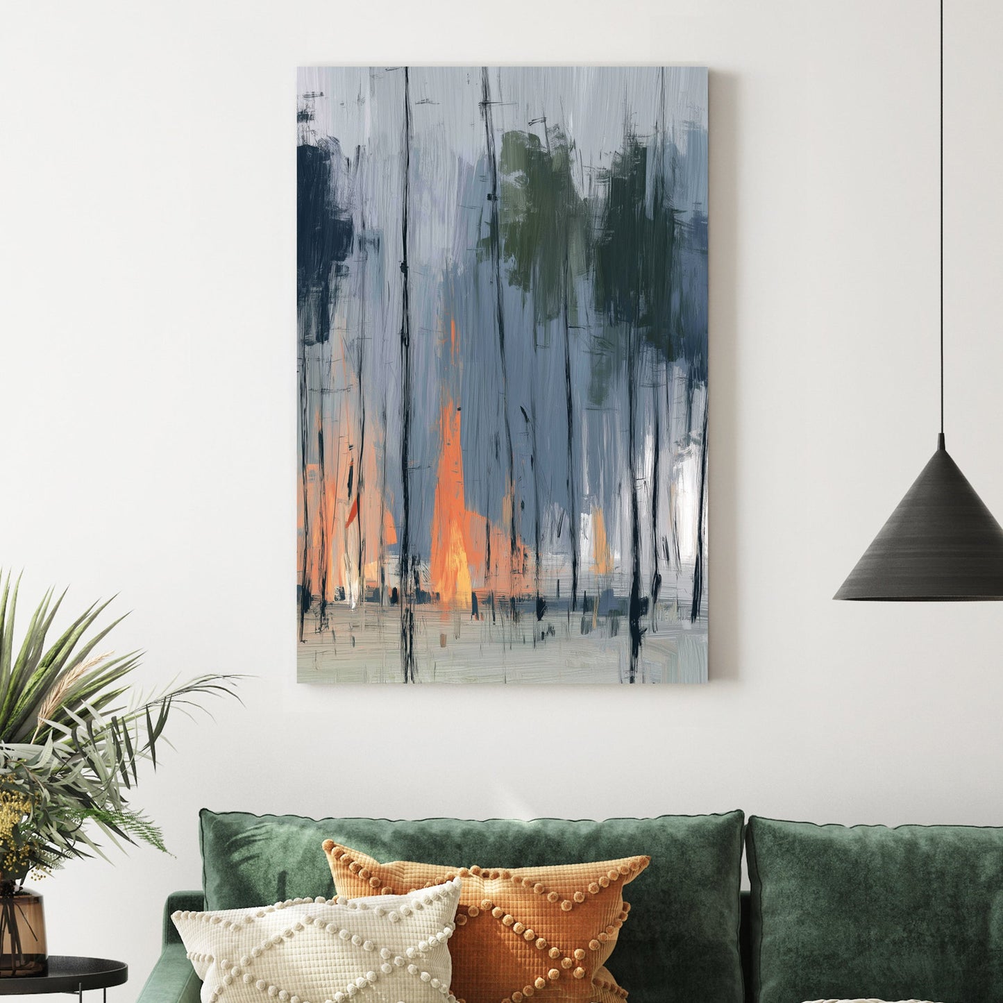 abstract painting of a forest with smoky blue trees and vibrant orange