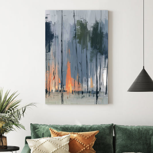 abstract painting of a forest with smoky blue trees and vibrant orange