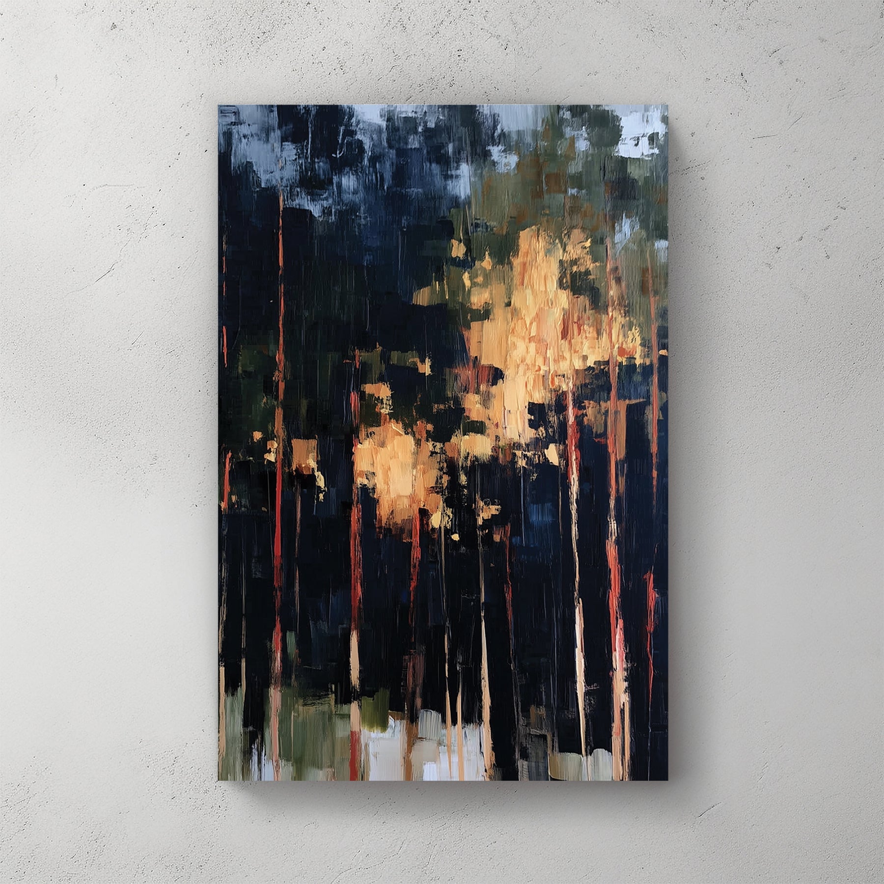 abstract forest painting with tall trees and golden light breaking through dark shadows