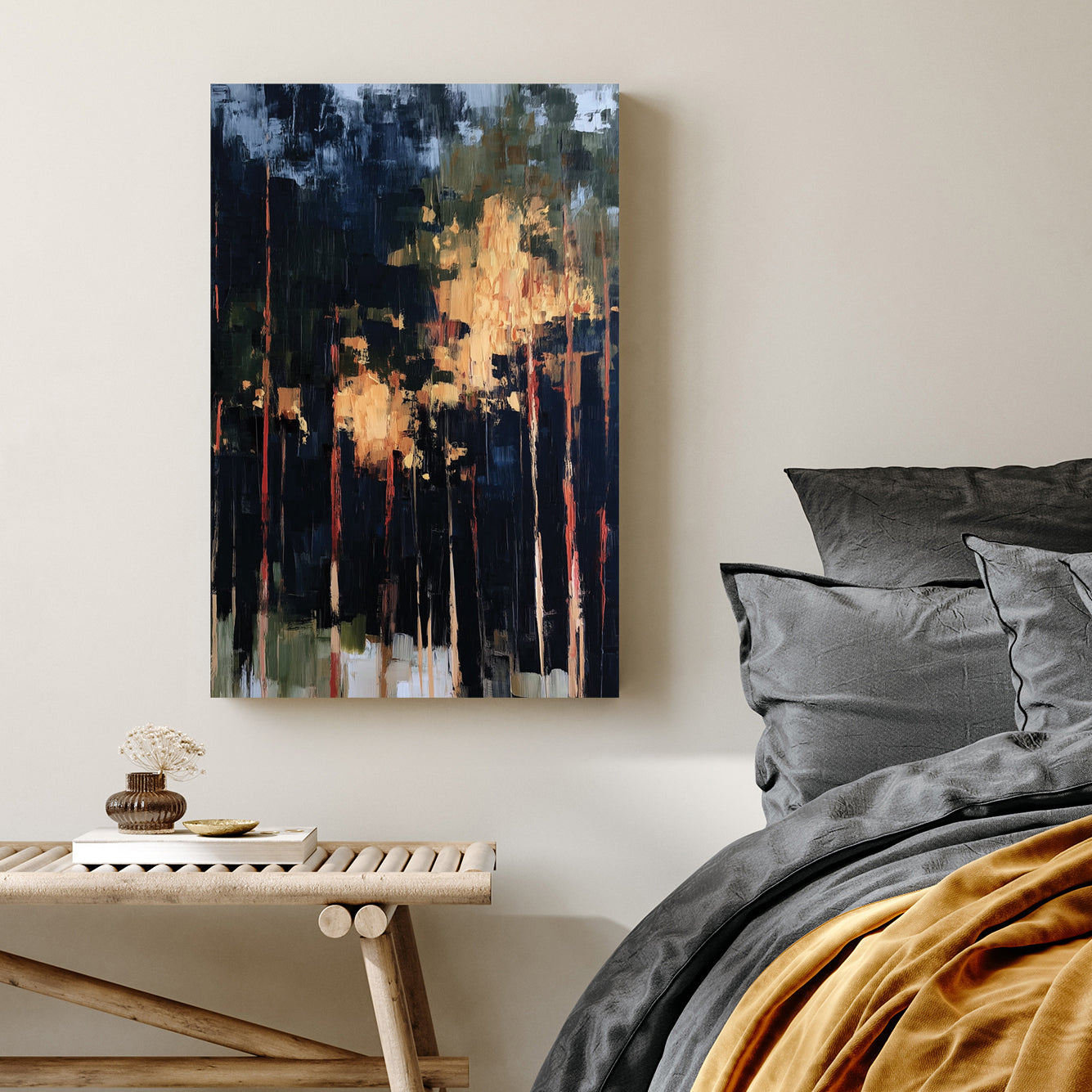 abstract forest painting with tall trees and golden light breaking through dark shadows