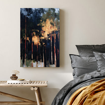 abstract forest painting with tall trees and golden light breaking through dark shadows