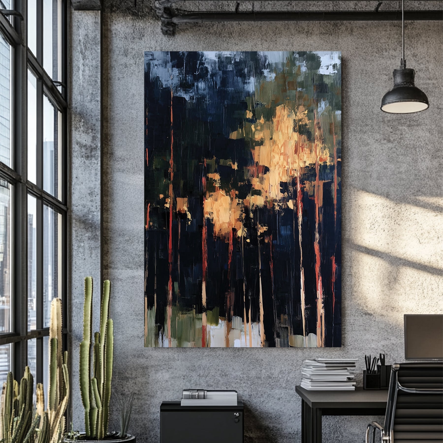 abstract forest painting with tall trees and golden light breaking through dark shadows